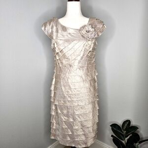 Champagne shimmer tiered shutter layered dress SIZE 10 cape collar w flower midi